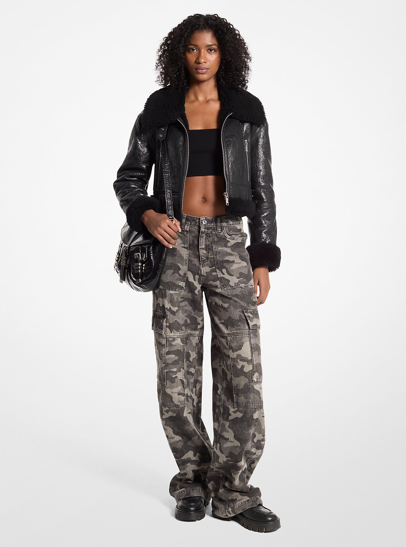 Camouflage Denim Wide-Leg Cargo Pants - CHARCOAL