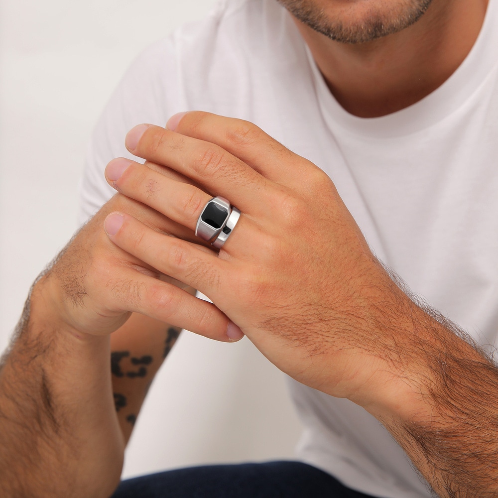 KUZZOI KUZZOI Bague Hommes Sceau Bande angulaire Set de 2 avec émail en Argent Sterling  Bague