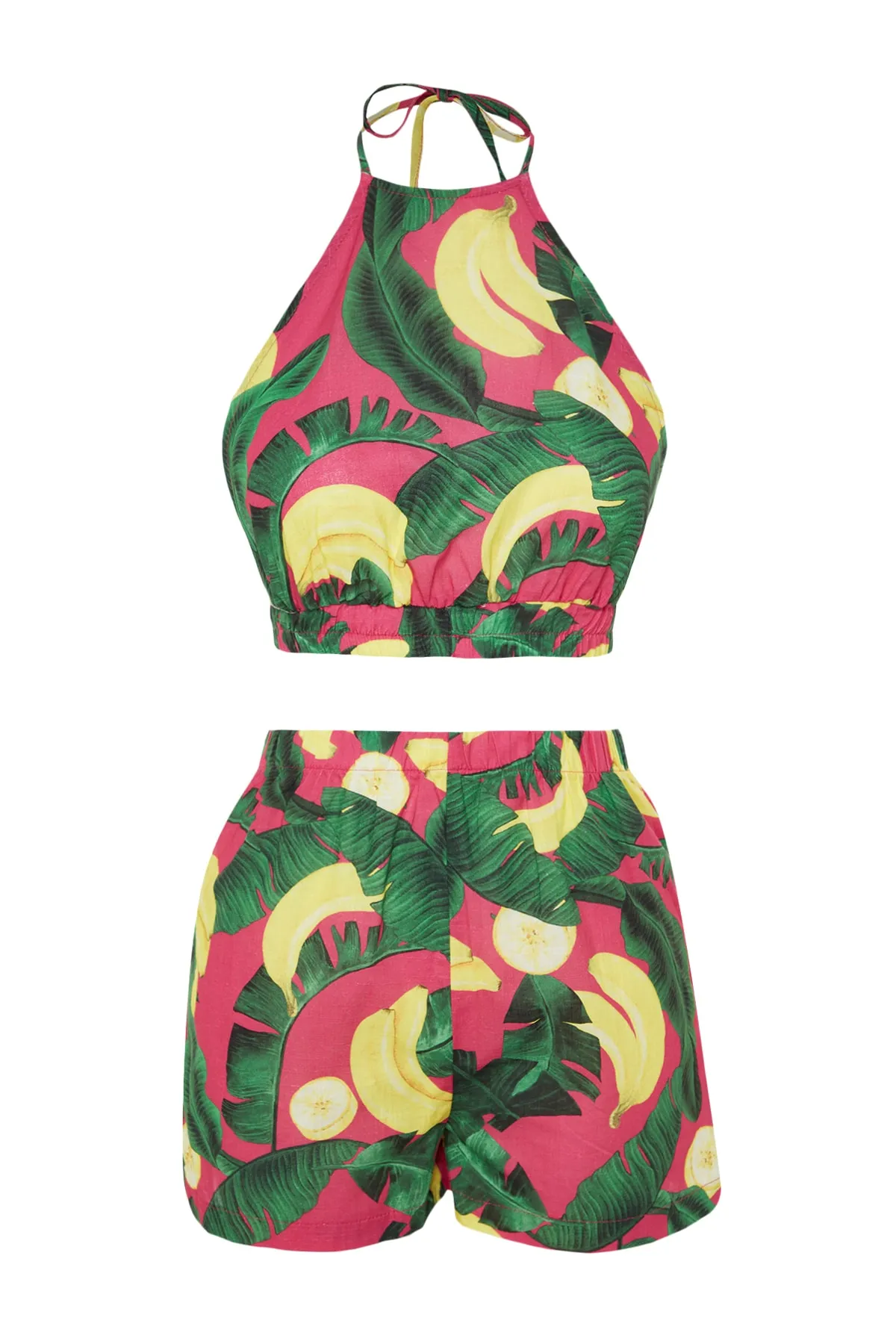 Trendyol Collection  Tief ausgeschnittenes Blusen-Shorts-Set aus 100 % Baumwolle mit tropischem Muster und gewebter Rückseite TBESS23AU00169