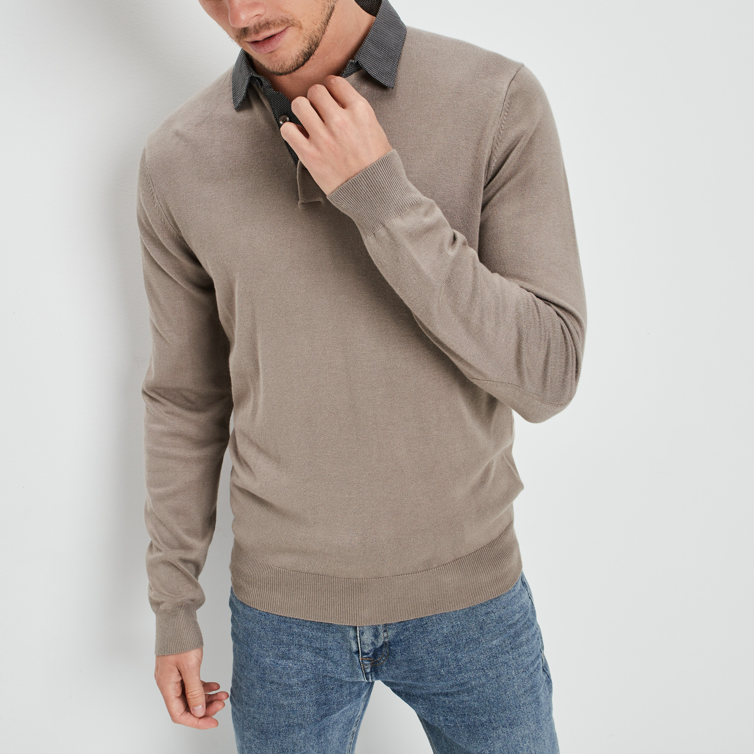 Pull avec col polo taupe homme | La Halle