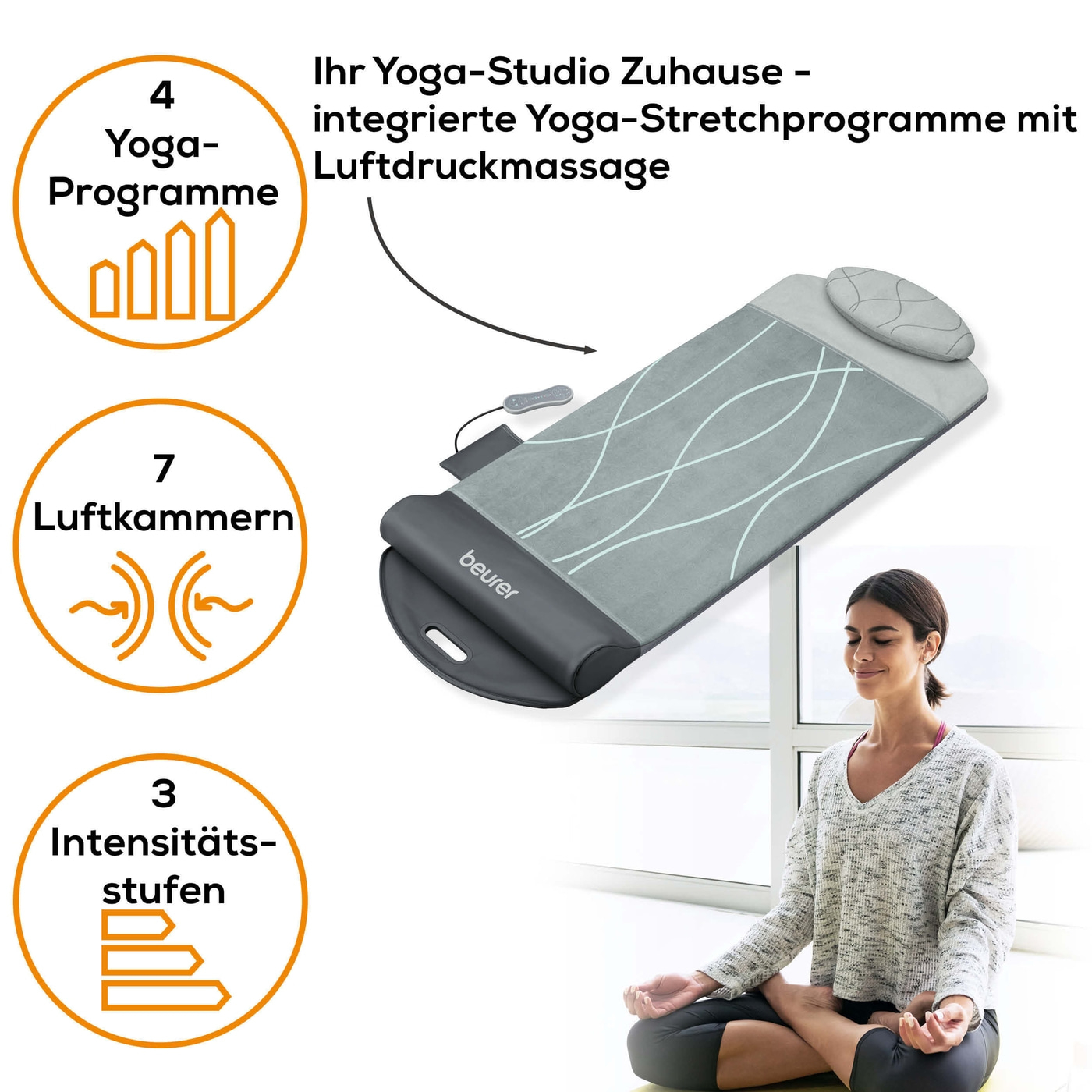 Beurer Yoga- und Stretchmatte MG 280-Stretchmatte zur Dehnung der Muskulatur mit aufblasbaren Luftkammern, Vibration & Wärme