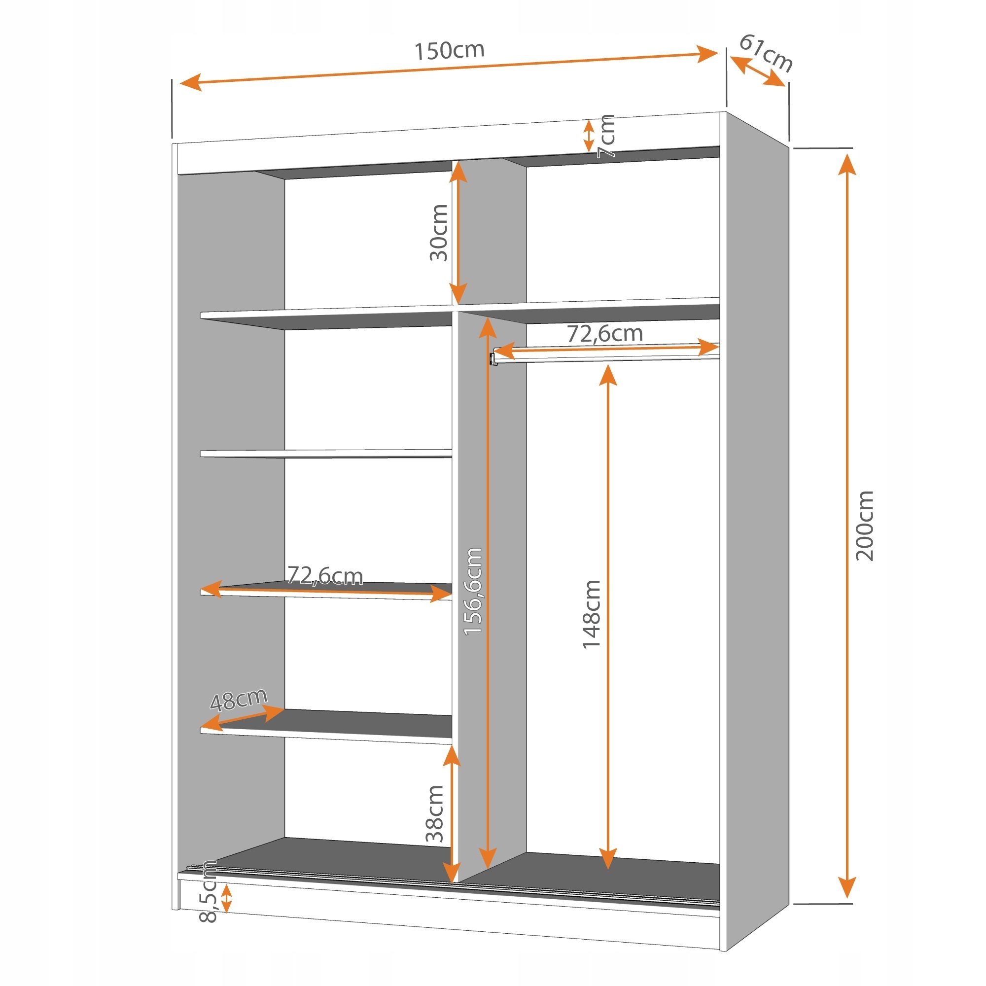 MOEBLO Kleiderschrank LARA 06 (mit dekorativen Elementen aus Aiminium, Schwebetürenschrank 2-türig Schrank, Gaderobe mit vielen Einlegeböden und Kleiderstange), (BxHxT): 150x200x61 cm
