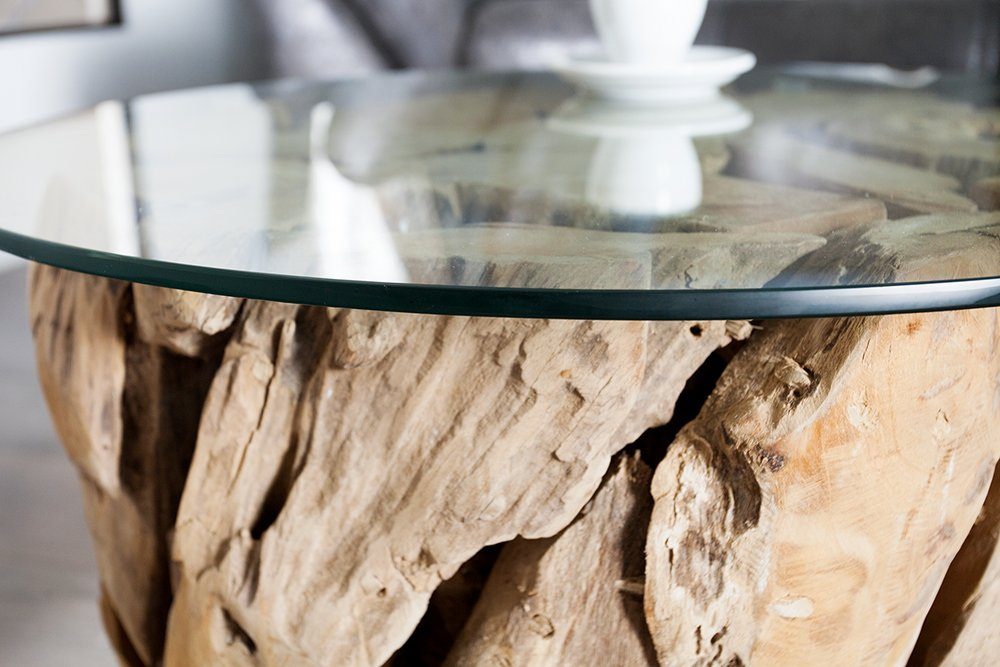 riess-ambiente Couchtisch RIVERSIDE 60cm natur / transparent, Wohnzimmer · Massivholz-Gestell · Glasplatte · rund · Handarbeit