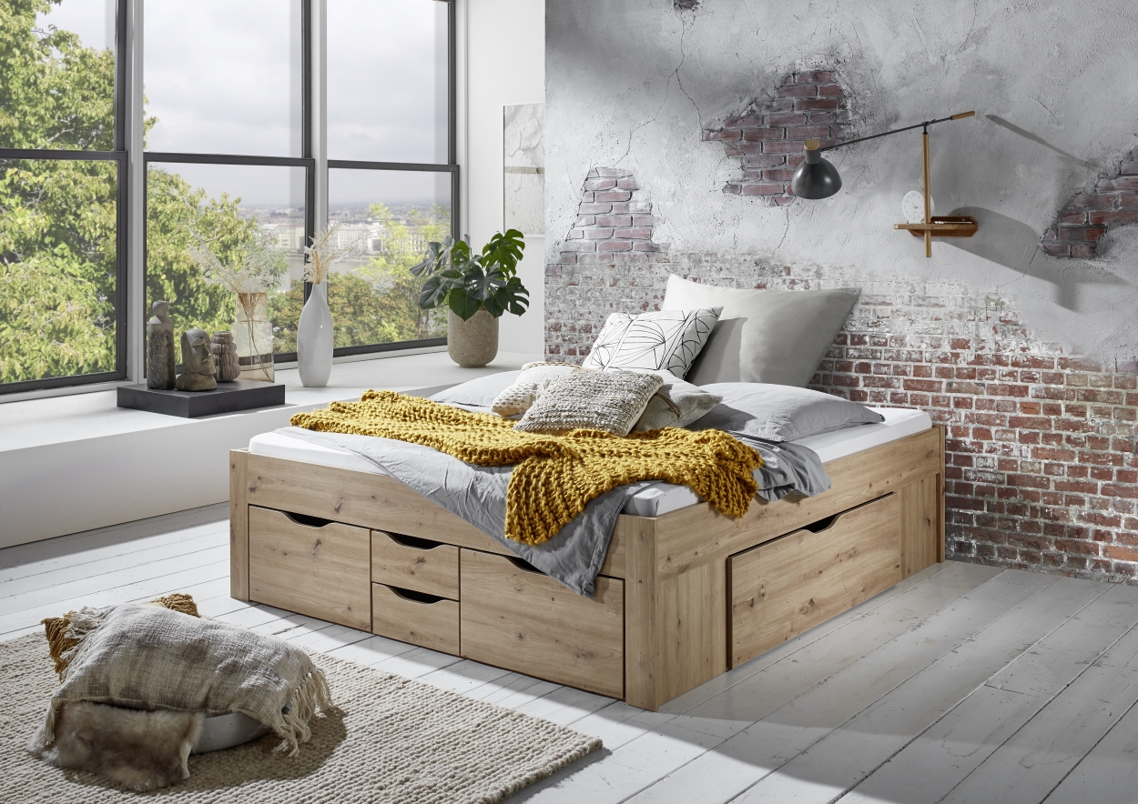 Relita Stauraumbett Noah 180 x 200 cm, mit Rolllattenrost mit 6 Bettschubladen, Ausf. Eiche Artisan Dekor