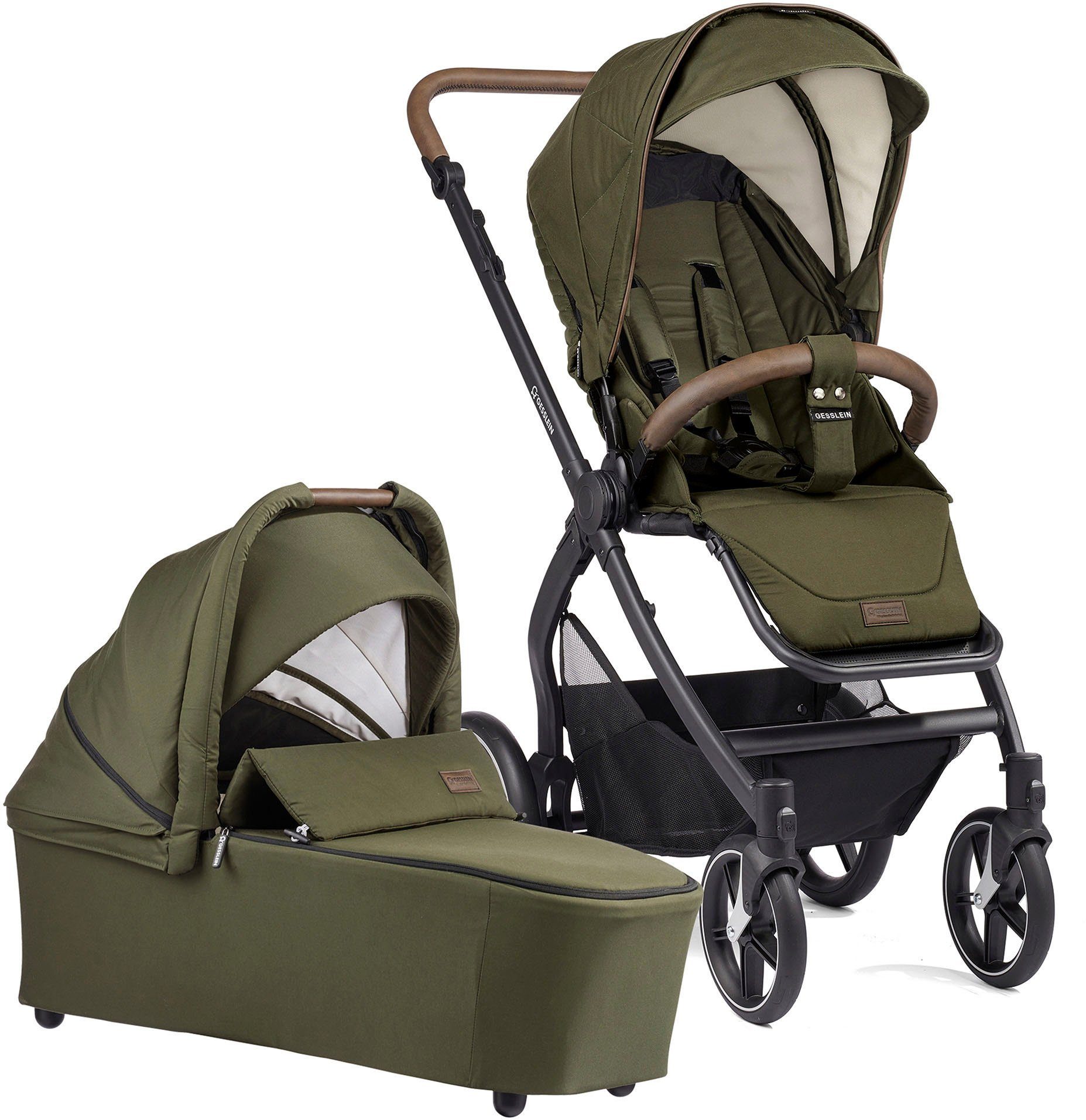 Gesslein Kombi-Kinderwagen FX4 Soft+ mit Aufsatz Style, moos/tabak, mit Babywanne C3 und Babyschalenadapter