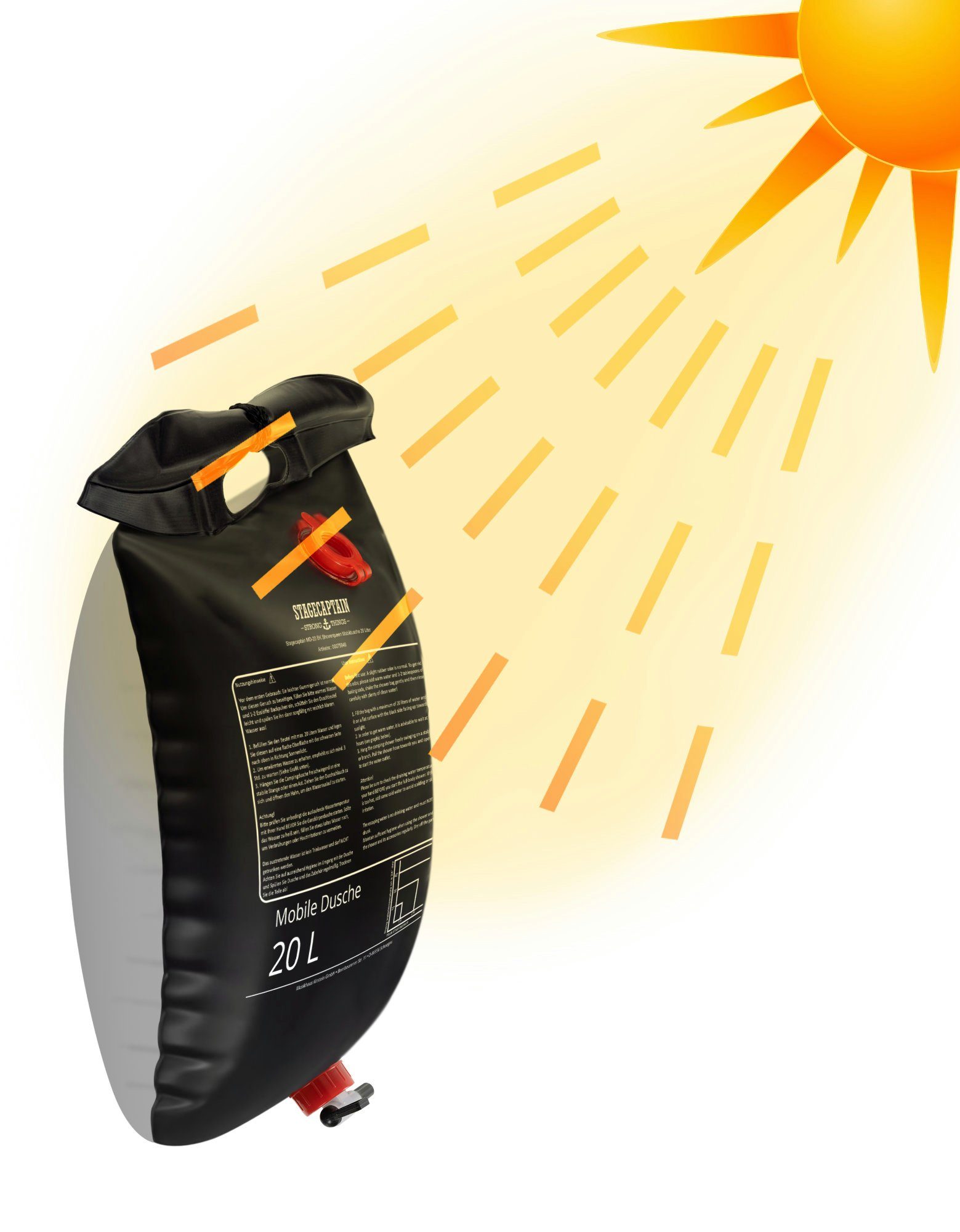 Stagecaptain Solardusche MD-20 BL Mobildusche mit 20 Liter Volumen (Campingdusche, 1 St., Inkl. Netzbeutel und Aufhängevorrichtung), Reisedusche Solar mit Duschkopf