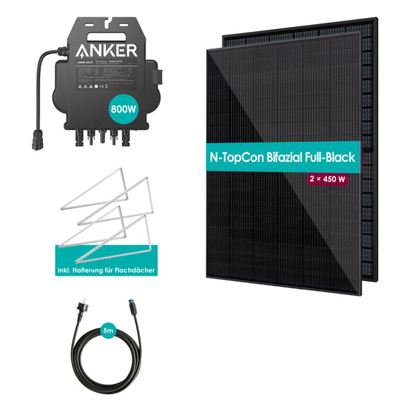 Bifaziales Balkonkraftwerk 900W / 800W inkl. Wandhalterung für flache Flächen