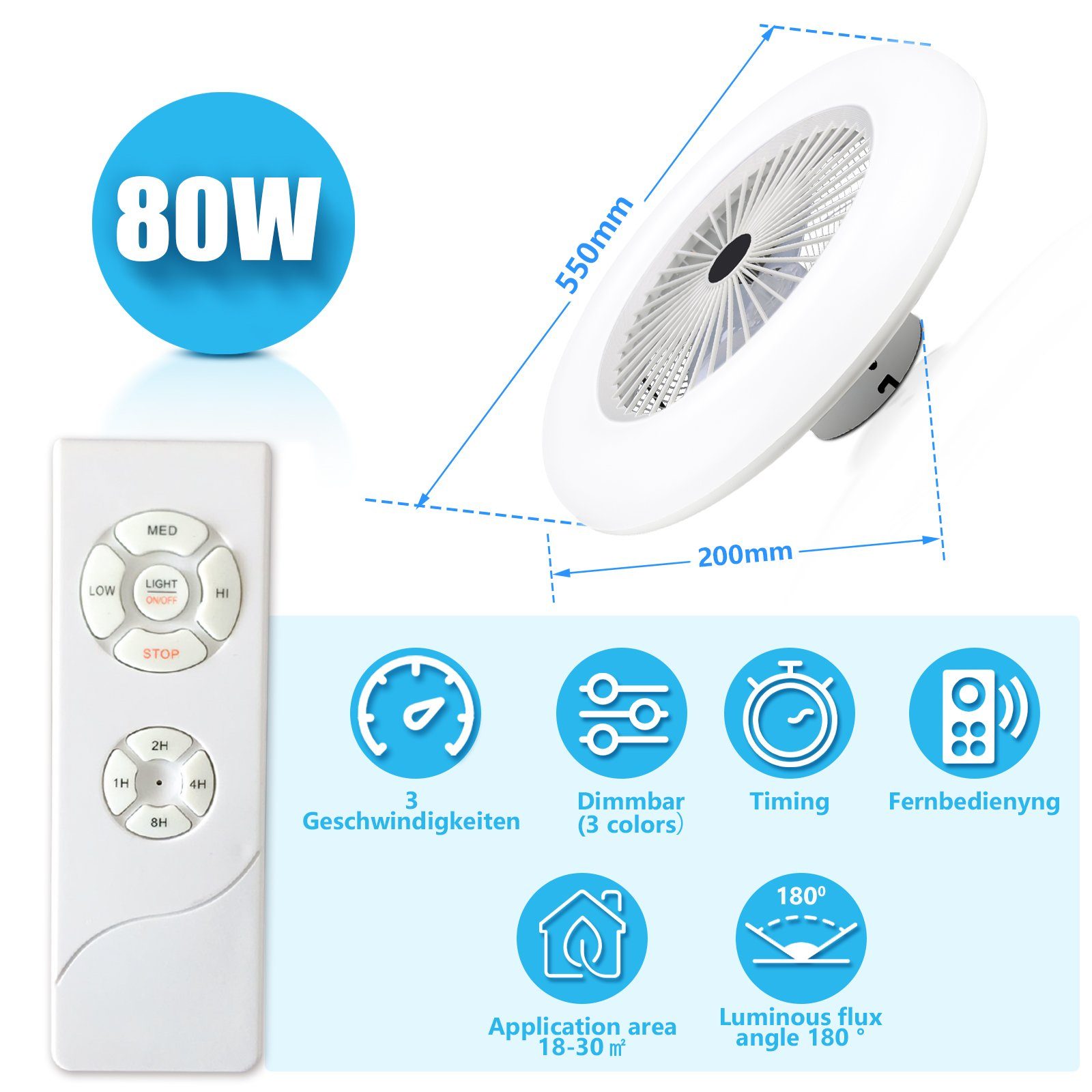 TolleTour Deckenventilator 80W Deckenventilator Lüfter Zimmer Kühler LED Leiser Wohn Ventilator, Mit Fernbedienung und Zeitmessung