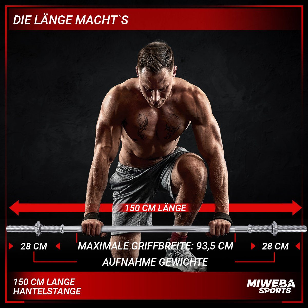 Miweba Sports Langhantelstange Profi Langhantel Stange LH300 inkl. Sternverschlüsse, Stahl, 150,00 cm (Workout, Training, Ganzkörpertraining, Muskelaufbau, Krafttraining, Hanteltraining, 3-tlg., Ø30mm, 150.0 x 6.7 x 6.7 cm, 230 kg max. Belastung, Sta