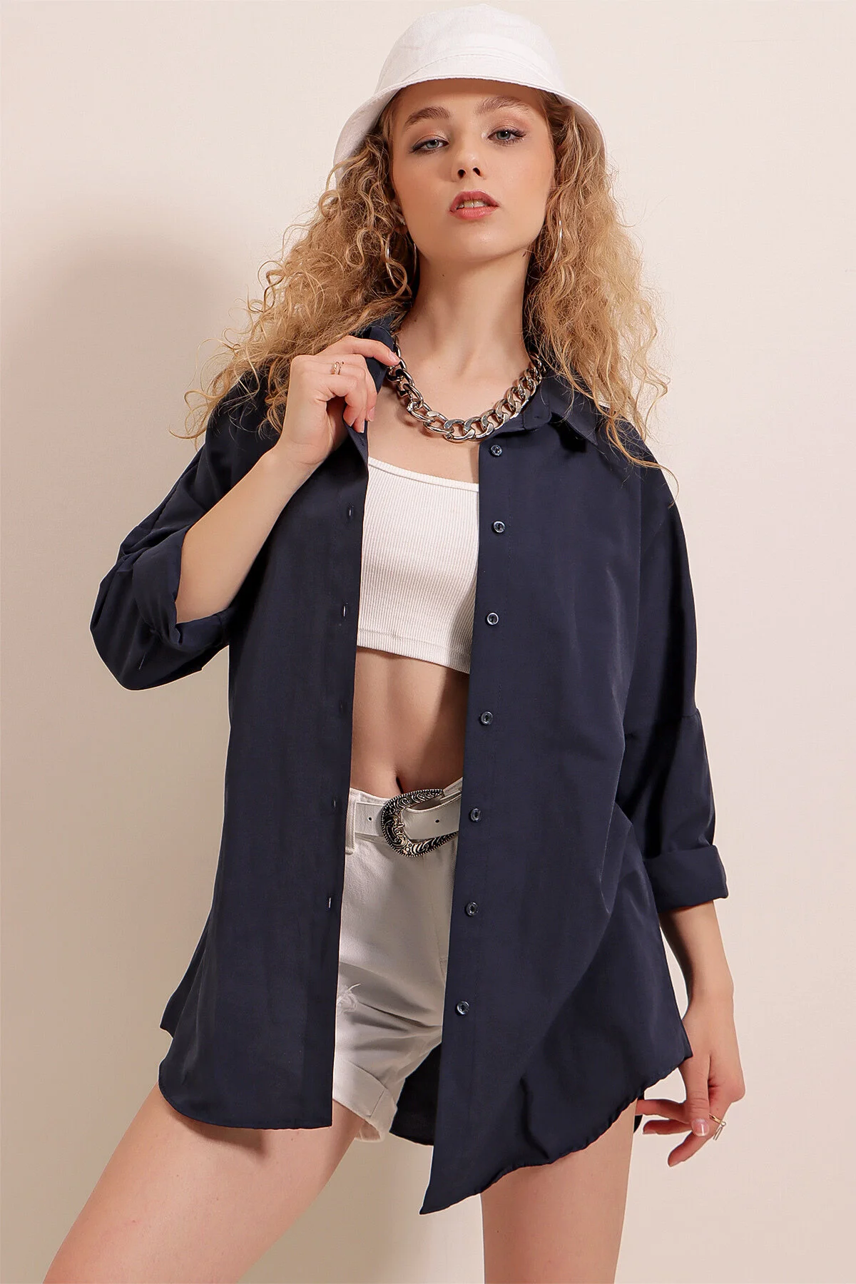 Bigdart  3900 Oversize-Lang-Basic-Hemd – Marineblau