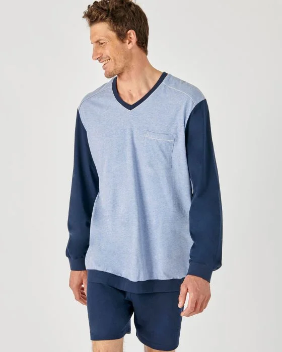 Ensemble pyjama manches longues + short en pur coton peigné