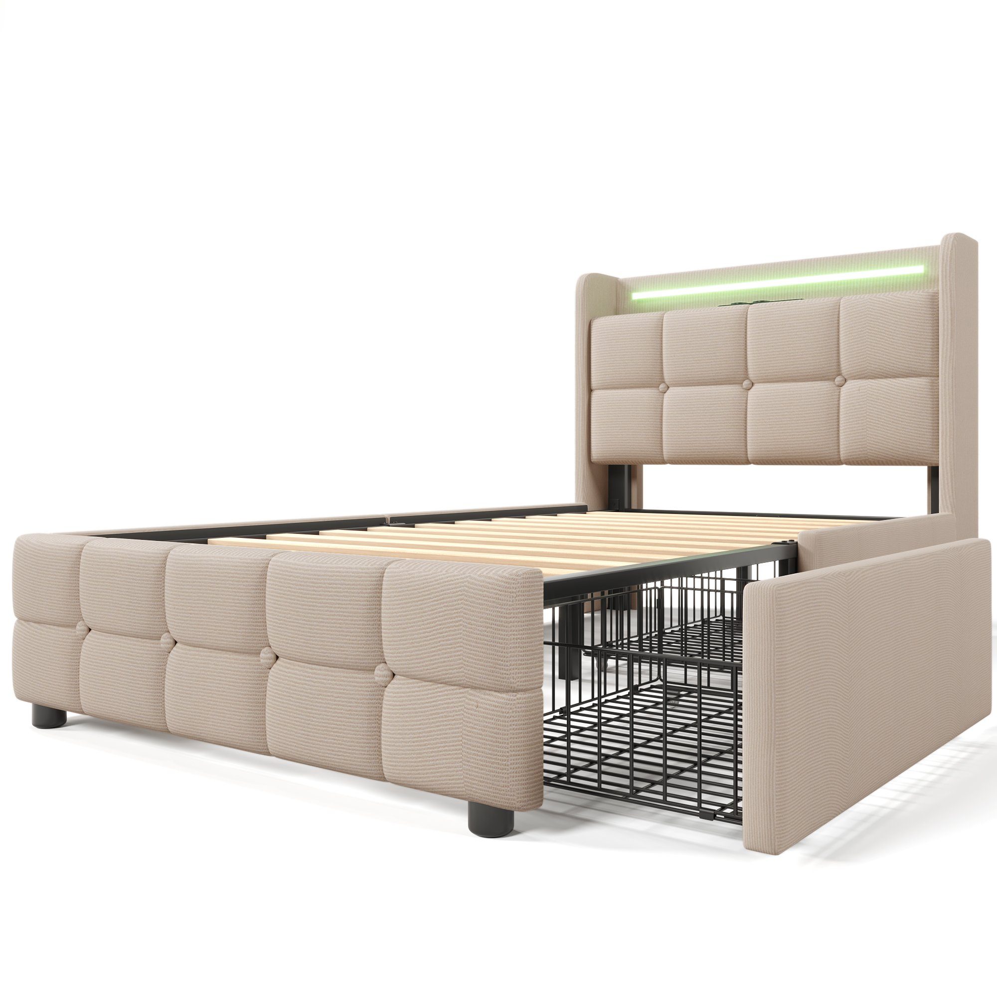 OKWISH Polsterbett Mit LED-Beleuchtung (90 x 200 cm mit aufladen USB Ladefunktion Kopfteil und 2 Schubladen, Stauraumbetten Bettgestell Ohne Matratze)