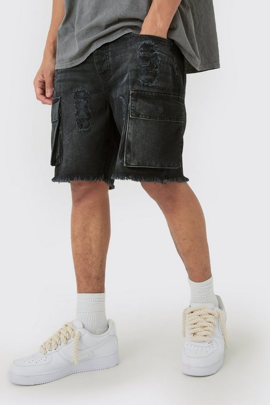 Zerrissene Slim-Fit Jeansshorts mit Cargo-Taschen