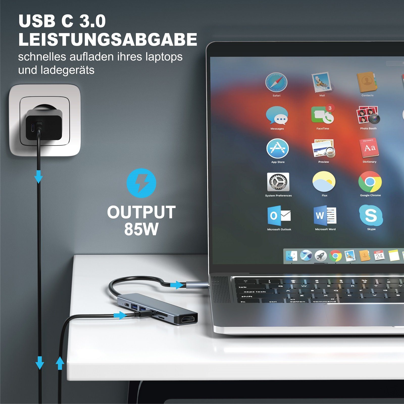 neue dawn Laptop-Dockingstation 7 Port USB C Hub mit 4K HDMI 85W PD USB 3.0 Docking Station Adapter, (85W Schnellaufladung)