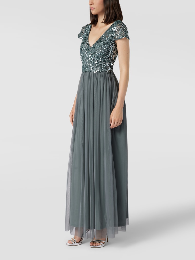 Abendkleid in Maxilänge mit Paillettenbesatz in dunkelgrau