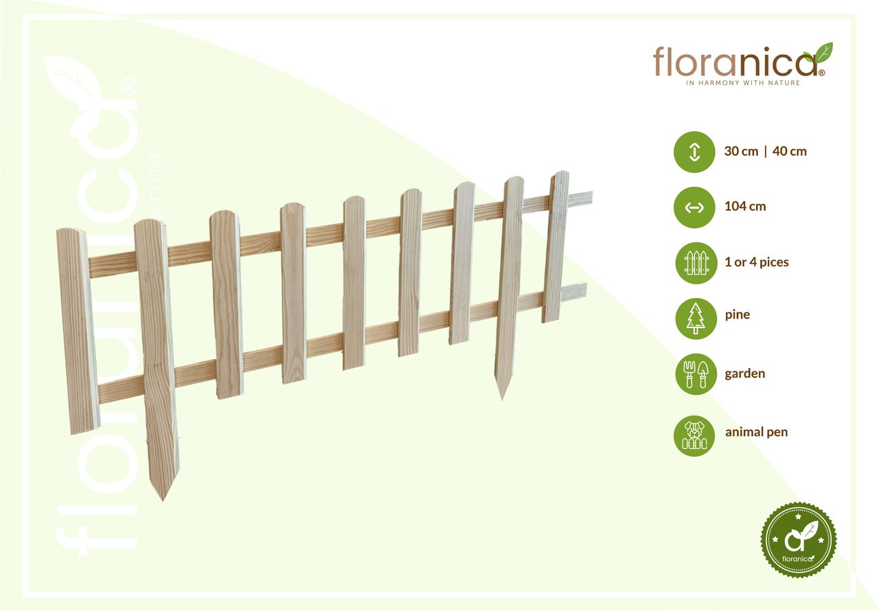 Pemicont Floranica Vorgarten Gartenzaun aus Holz Vampir 1 STK 104cm Höhe 30cm Unbehandelt Kieferholzzaun Dekorativer Steckzaun für Blumenbeete Gemüsebeete Wegeinfassungen