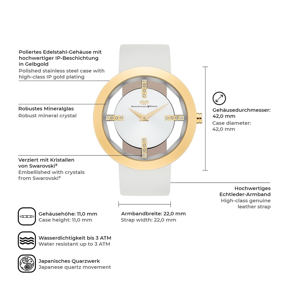 Rhodenwald & Söhne Montre à quartz Lucrezia en Cuir véritable en blanc Montre