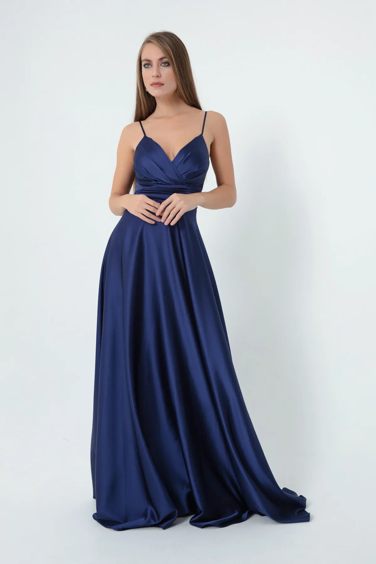Lafaba  Marineblaues langes Abendkleid und Abschlusskleid aus Satin mit Seilriemen und Taillengürtel für Damen