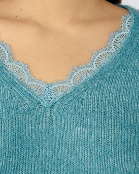 Pull mélange mohair col dentelle