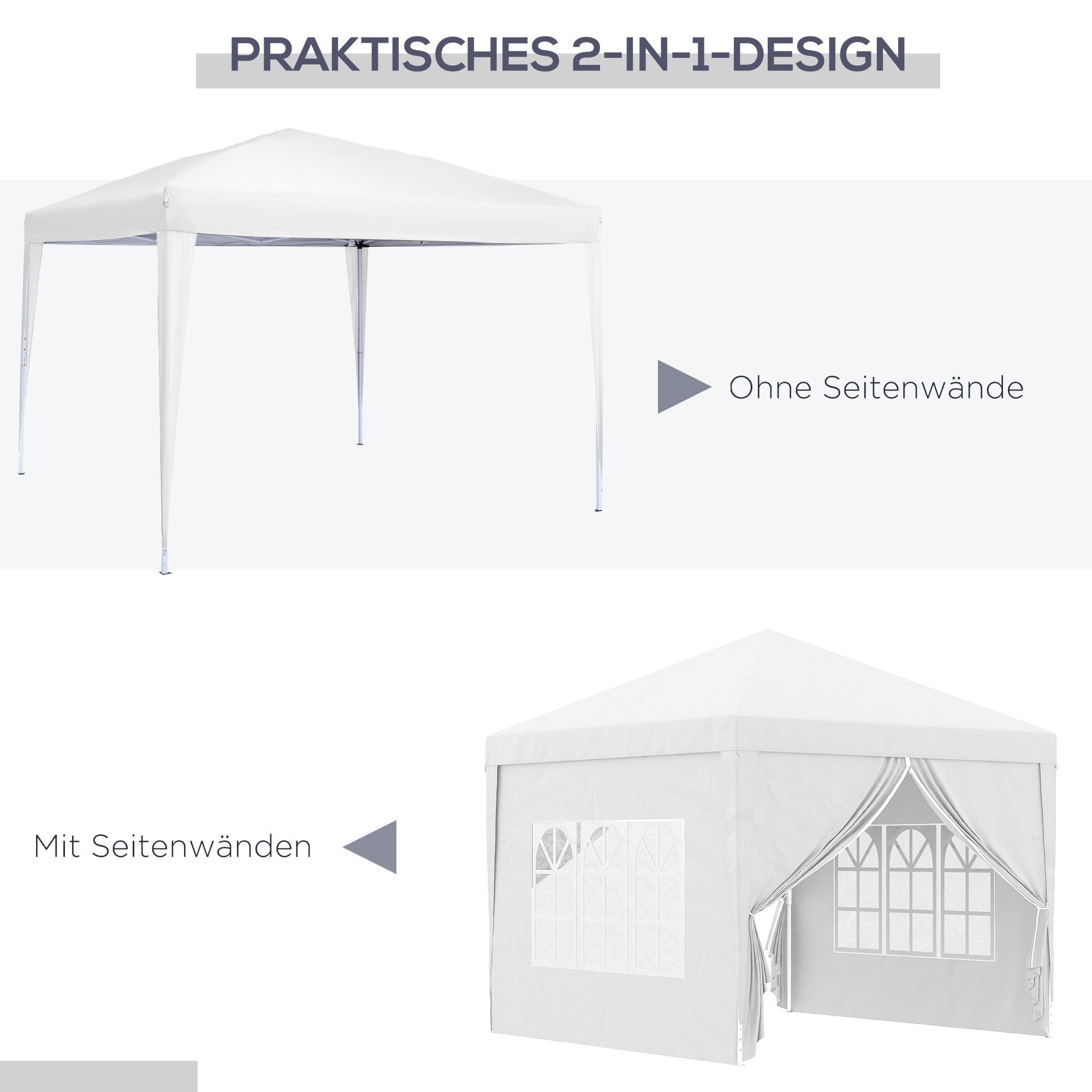 Outsunny Faltpavillon ca. 3 x 3 m Pavillon Partyzelt, Bierzelt mit 4 Seitenwänden, Fenster, mit 4 Seitenteilen, (Gartenzelt, Festzelt), für Garten, Terrasse, Stahl Oxford, Weiß