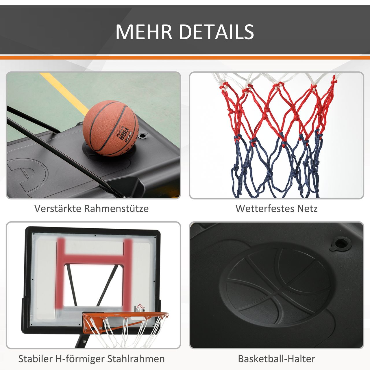 HOMCOM Basketballständer mit Rädern rollbar 260-310 cm höhenverstellbar Basketballkorb mit Ständer geeignet für den Außen- und Innenbereich Stahl Kunststoff Schwarz