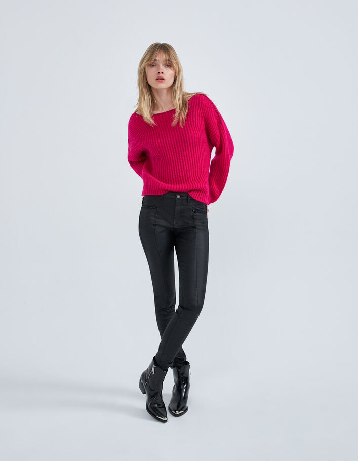 Pull rose tricot à côtes et détails lurex Femme
