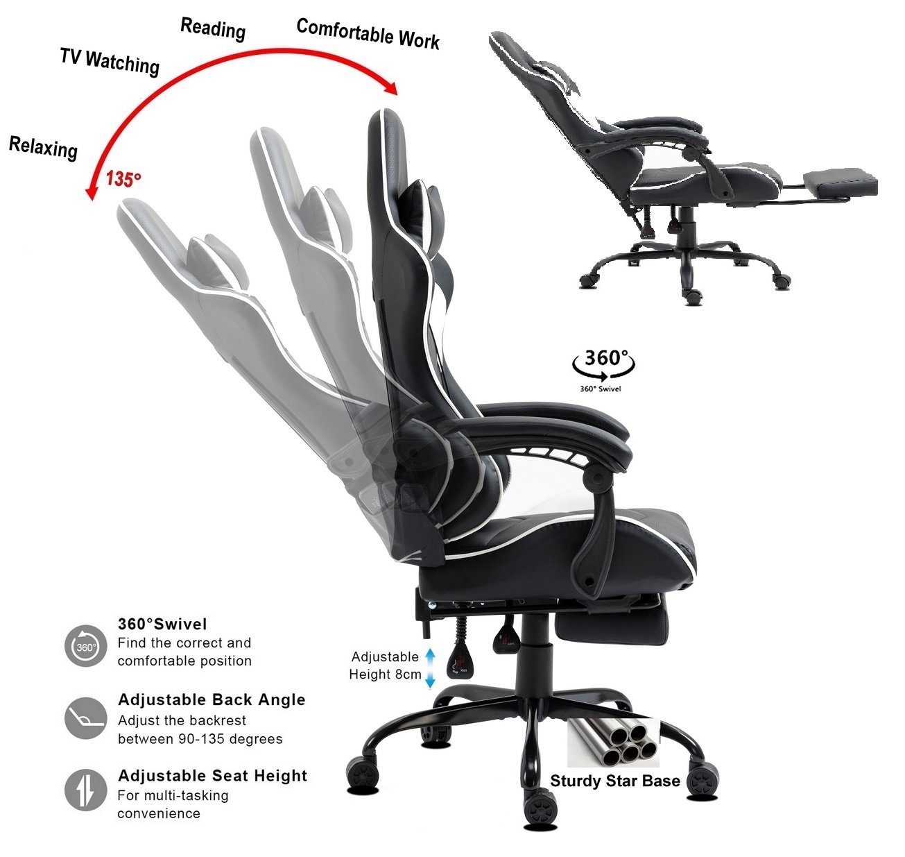 Delman Gaming-Stuhl Bürostuhl Chefsessel Massagefunktion Drehstuhl, dicke Polsterung, Metallfußkreuz, Fußstütze RS42