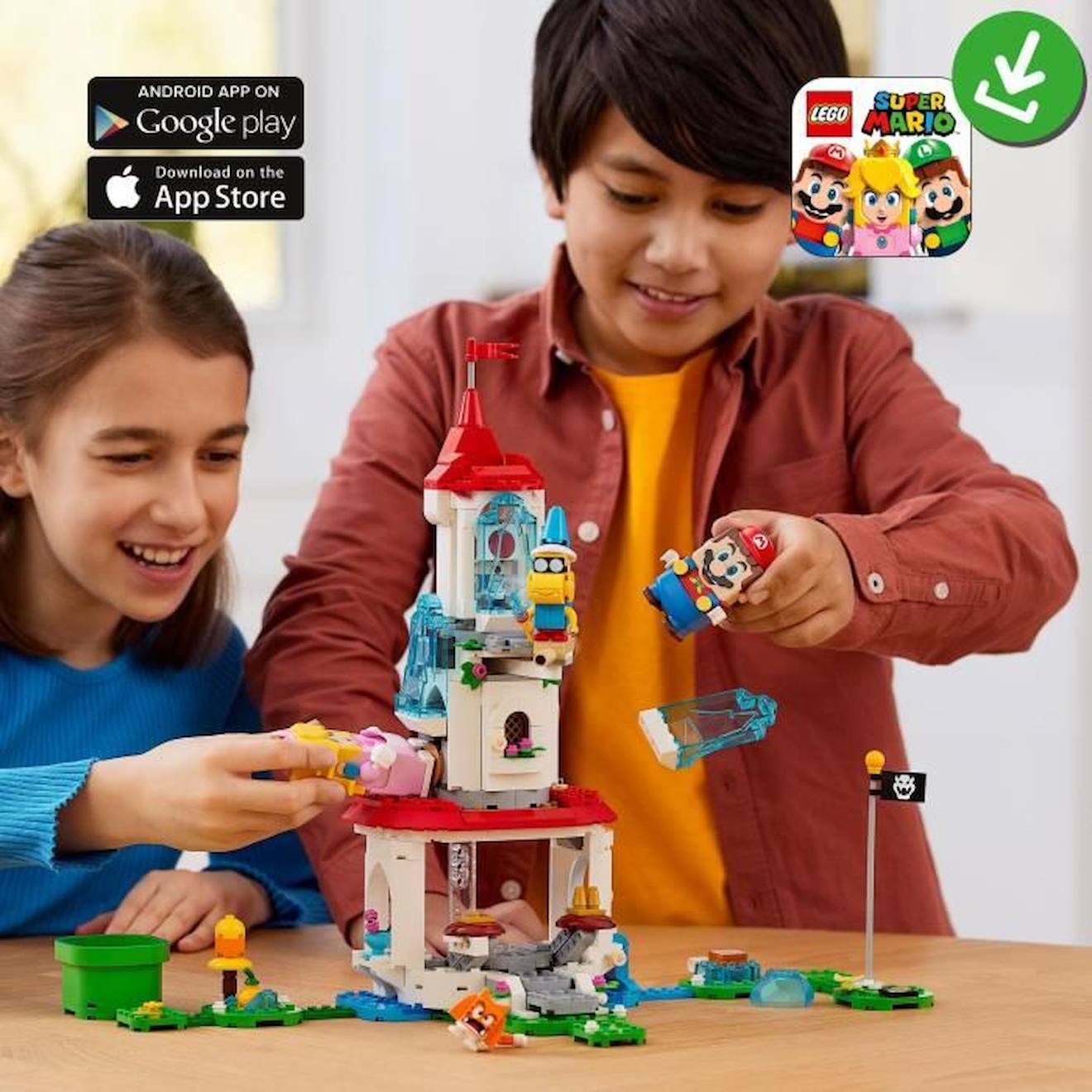 LEGO 71407 Super Mario Ensemble d’Extension La Tour Gelée et le Costume de Peach Chat, Figurine Toad, Jouet Château, Enfants 8 Ans jaune