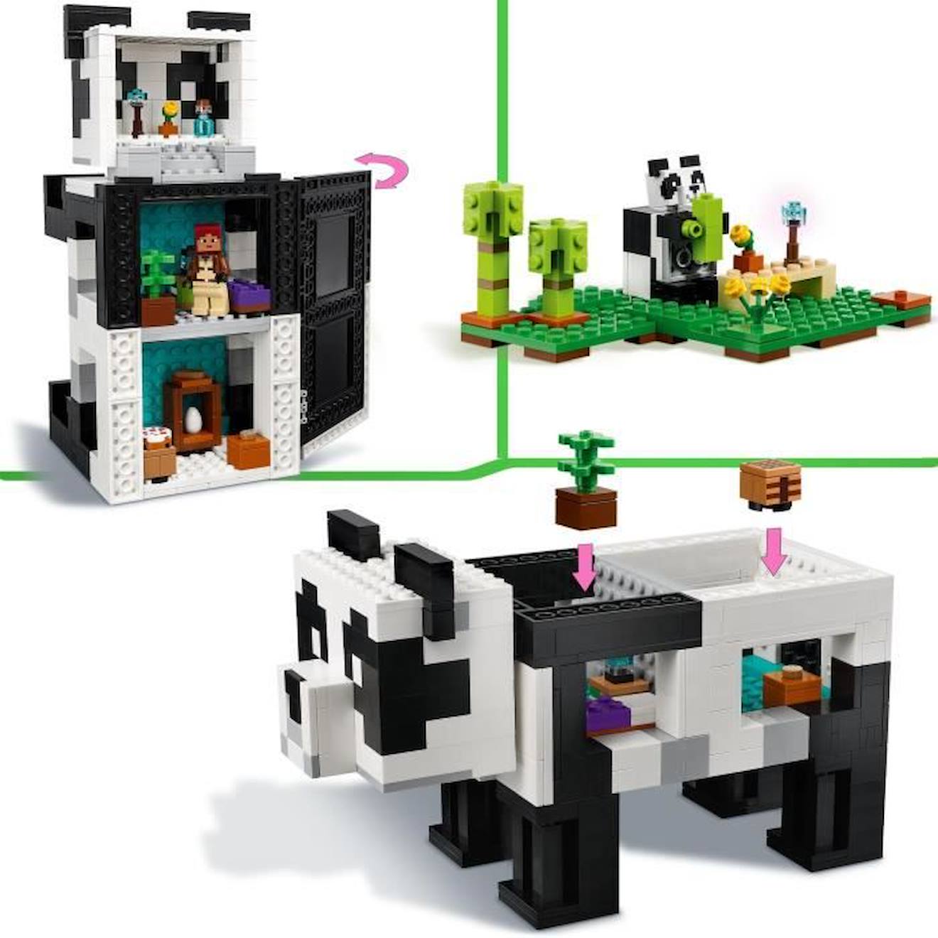 LEGO Minecraft 21245 Le Refuge Panda, Jouet de Maison, avec Figurines Animaux et Squelette noir