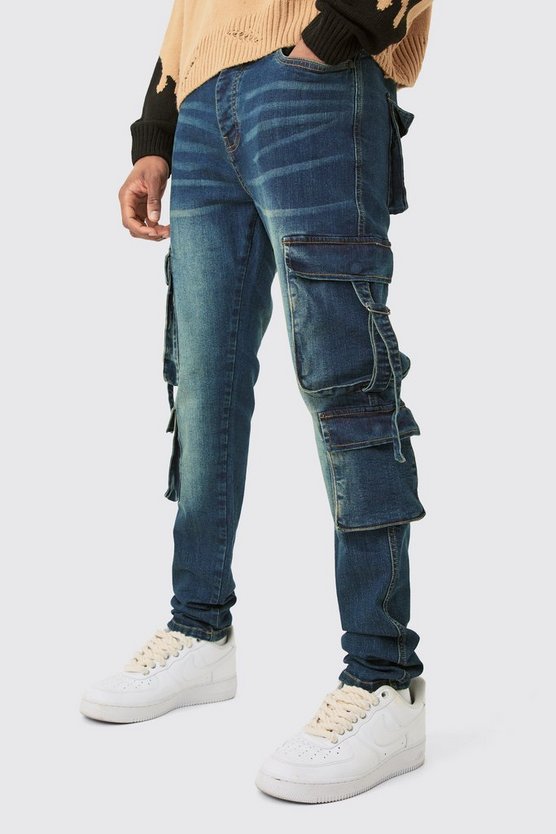 Tall dunkelblaue Stretch Skinny Cargo-Jeans mit Taschen-Detail