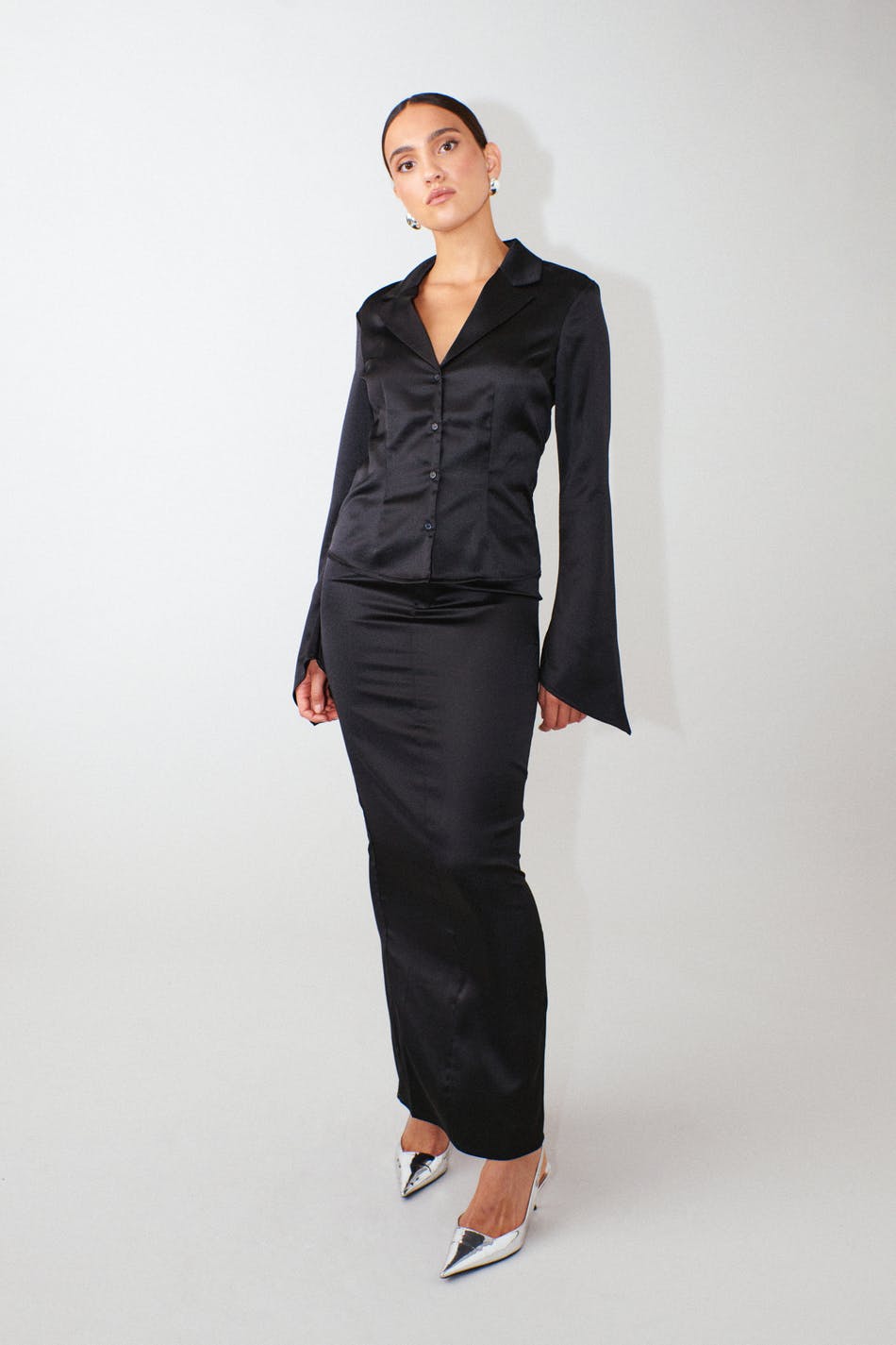 Satin pencil maxi skirt