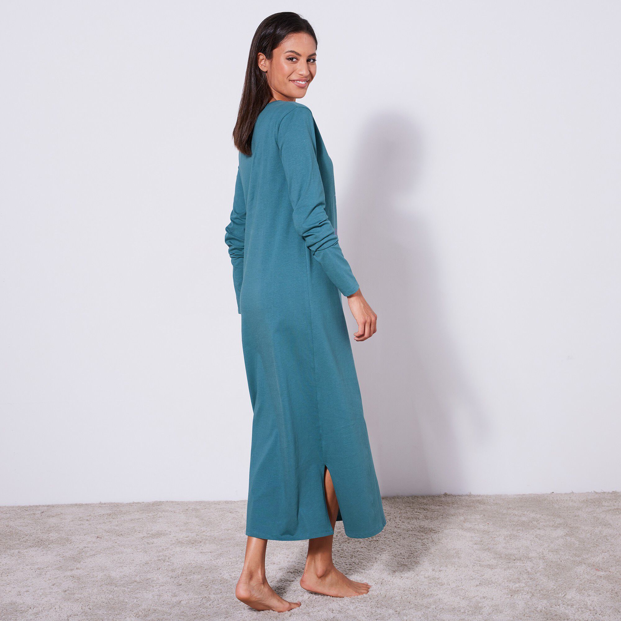 Chemise de nuit longue manches longues imprimée « bonjour »