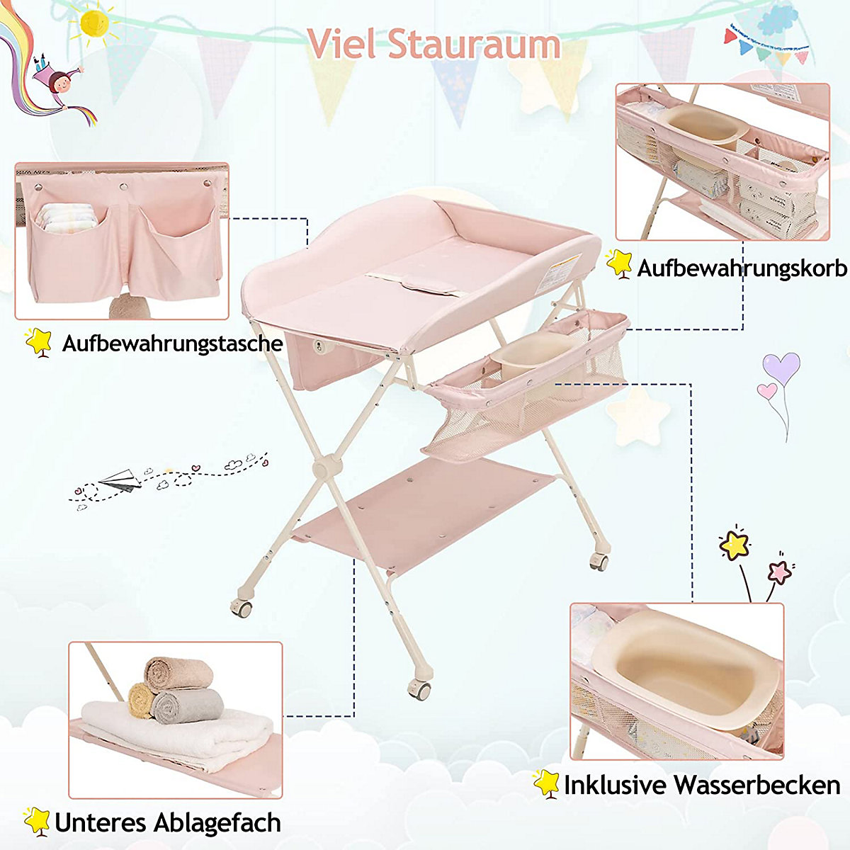 Wickeltisch Klappbar mit Wasserbecken & Rädern Wickelkommode