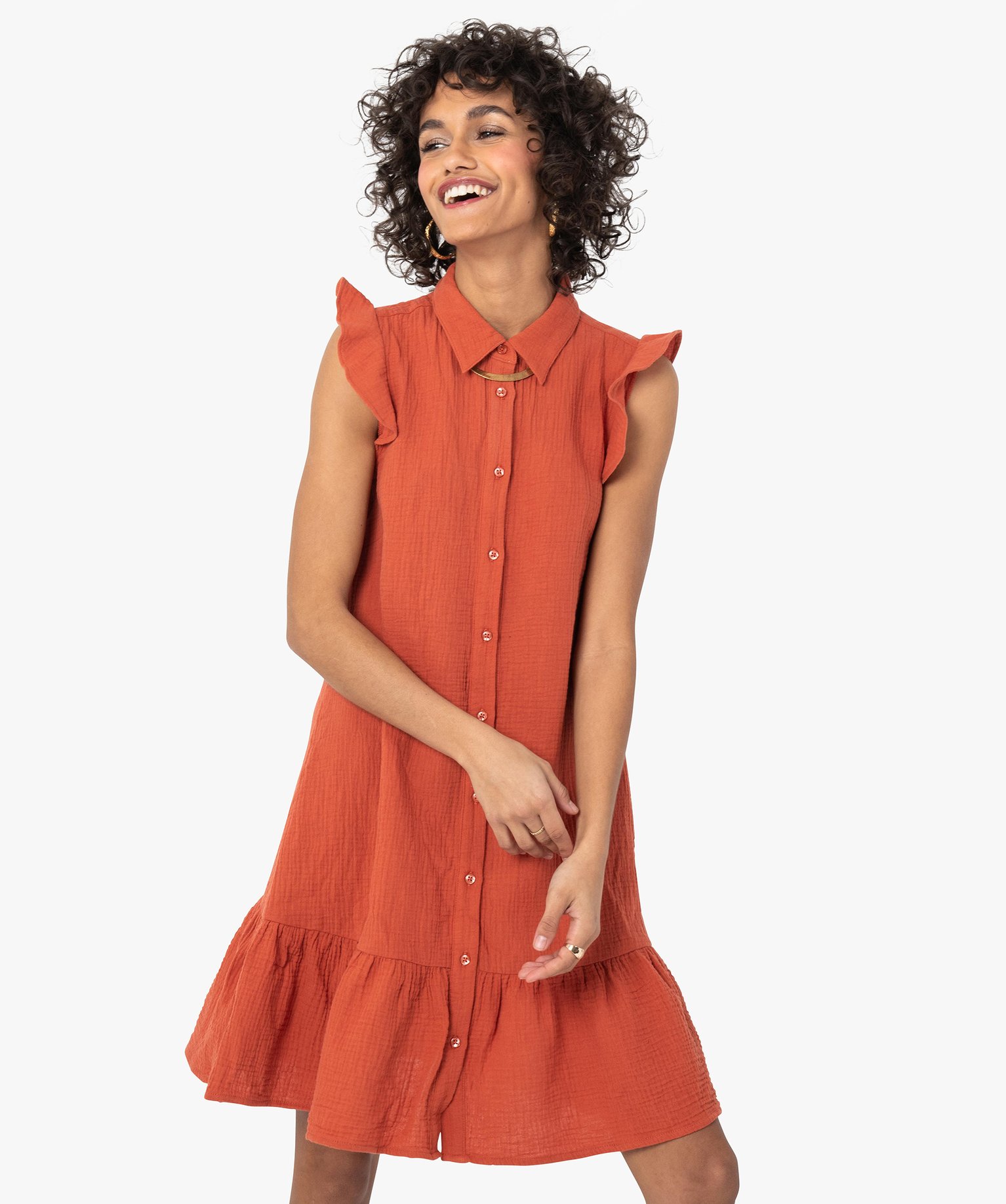 Robe femme en gaze de coton à col chemise orange clair | GEMO