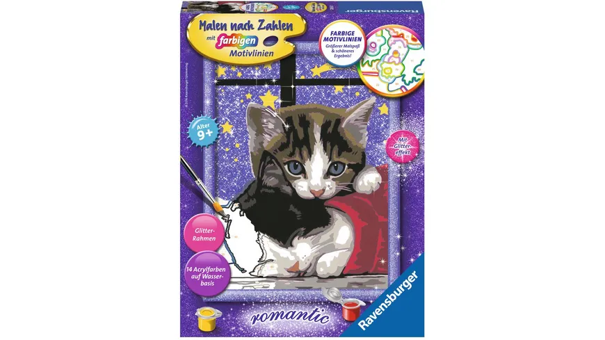 Ravensburger Beschäftigung - Malen nach Zahlen mit farbigen Motivlinien - Kuschelnde Kätzchen
