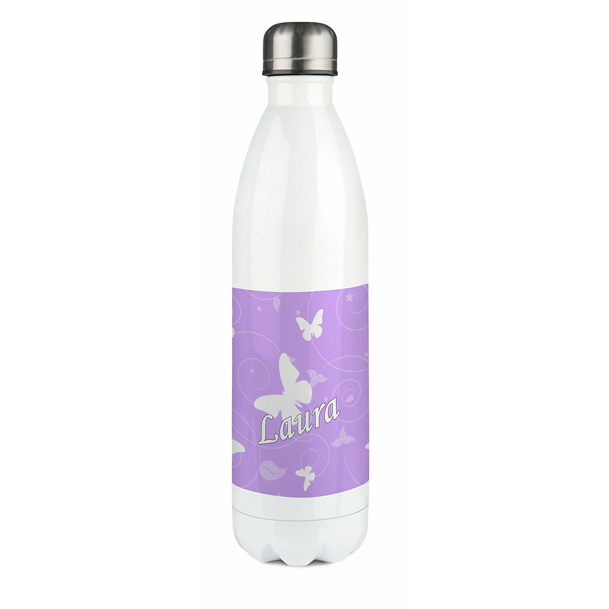 Edelstahl Kinder Thermoflasche / Trinkflasche bunt Schmetterling Ornamente Farbe flieder Spülmaschinenfest, Auslaufsicher, Bruchfest, Doppelwandig, Für Heißgetränke geeignet, Mit Deckel, Isoliert