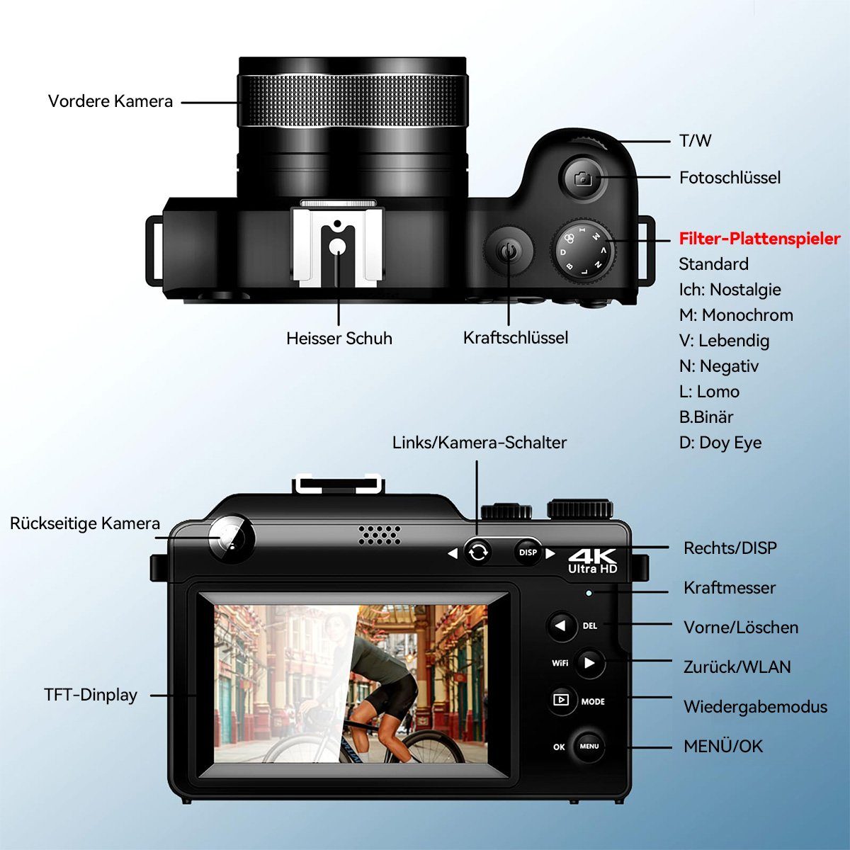 Hikeren 48MP Digitalkamera,4K HD 1080P Fotokamera,7 Farbfilter,18X Digitalzoom Kompaktkamera (WLAN (Wi-Fi)