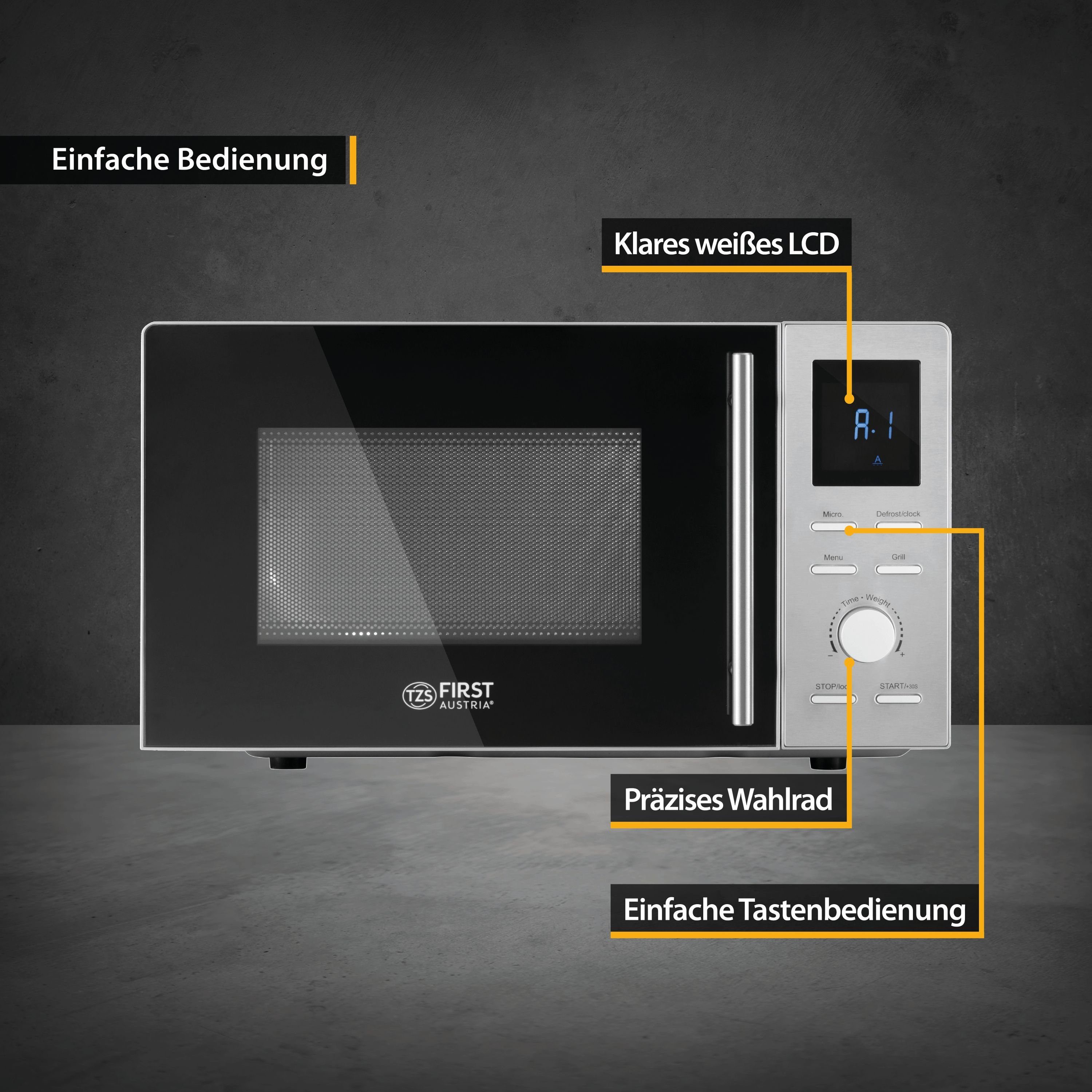 TZS FIRST AUSTRIA Mikrowelle mit Grillfunktion, 20L, Edelstahl, Schnellstart, 1100W, Mikrowelle mit Grill / Solo Betrieb, 14 l, 8 Automatikprogramme, Kindersicherung, 2in1 Mikrowelle