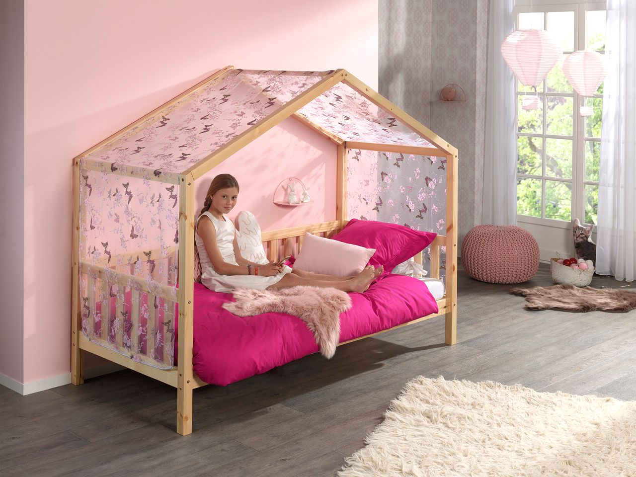 VIPACK Dallas 1 Hausbett mit seitlicher Umrandung 90 x 200 cm Liegefläche und Textilhimmel, Natur