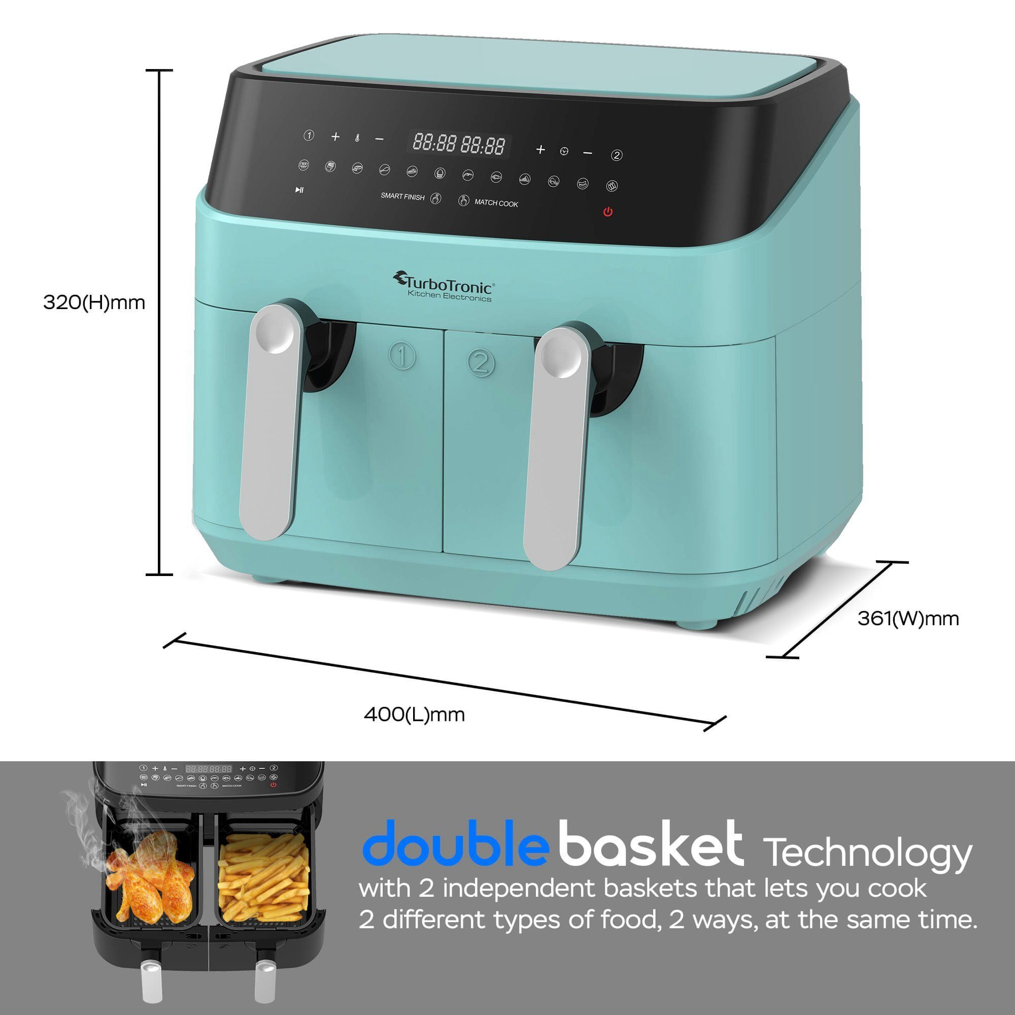 TurboTronic by Z-Line Heißluftfritteuse XXL Doppelkammer 2x 4,5 Liter, 50°C - 200°C, Power, dual, Camping, 1600 W, Fritteuse ohne Fett, digitaler doppel Airfryer Fettfrei