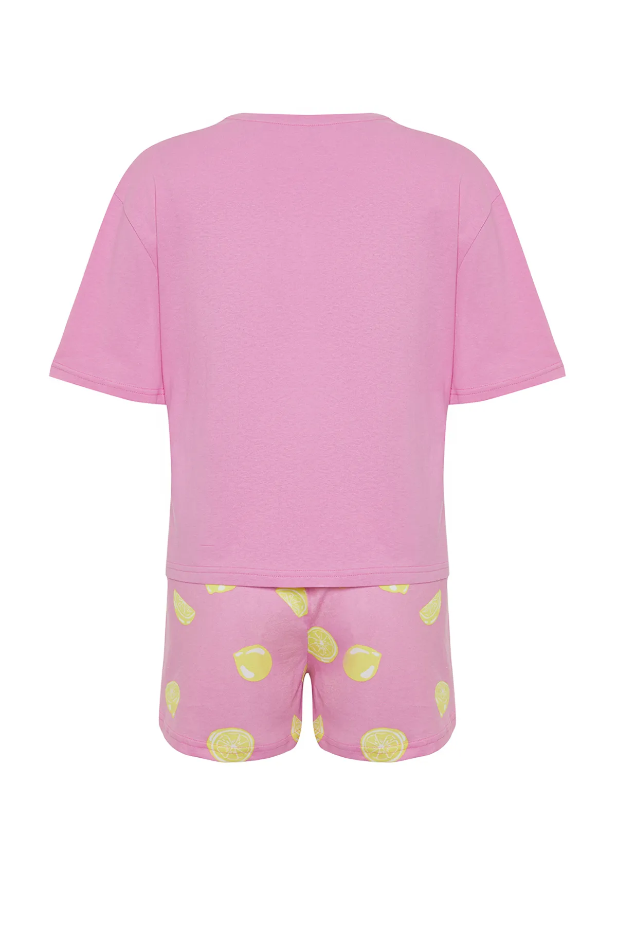 Trendyol Collection  Rosa gestricktes Pyjama-Set aus 100 % Baumwolle mit Slogan Fruit-Print THMSS24PT00226