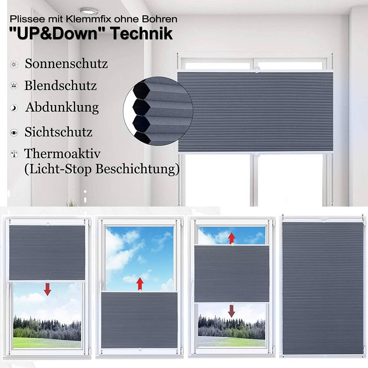 Plissee, Woltu, verdunkelnd, verspannt, Klemmfix, Wabenplissees ohne Bohren
