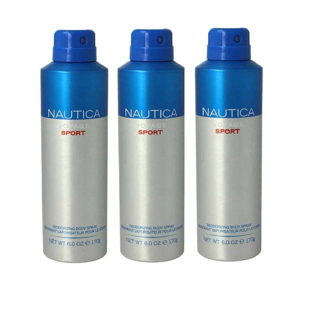 NAUTICA Bodyspray Voyage Sport 3x 170ml Deo Spray Set Bodyspray Beauty Deodorant Männer, Pfirsisch,Ananas, Jasmin, Zeder, Bergamotte, Moschus, Sandelholz, Ohne Tierversuche, 3-tlg., 24 Stunden Schutz, Effektiver Schutz vor Körpergeruch