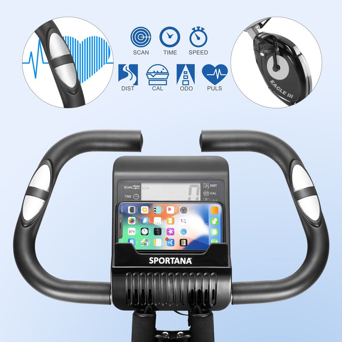 Sportana Heimtrainer, Heimtrainer Eagle 3 klappbar 10 Stufen Pulssensoren 2 Fitnessbänder