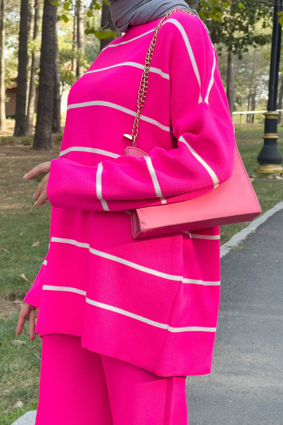 Tesettür Dünyası  Gestreifter Strickanzug Tsd220905 Fuchsia
