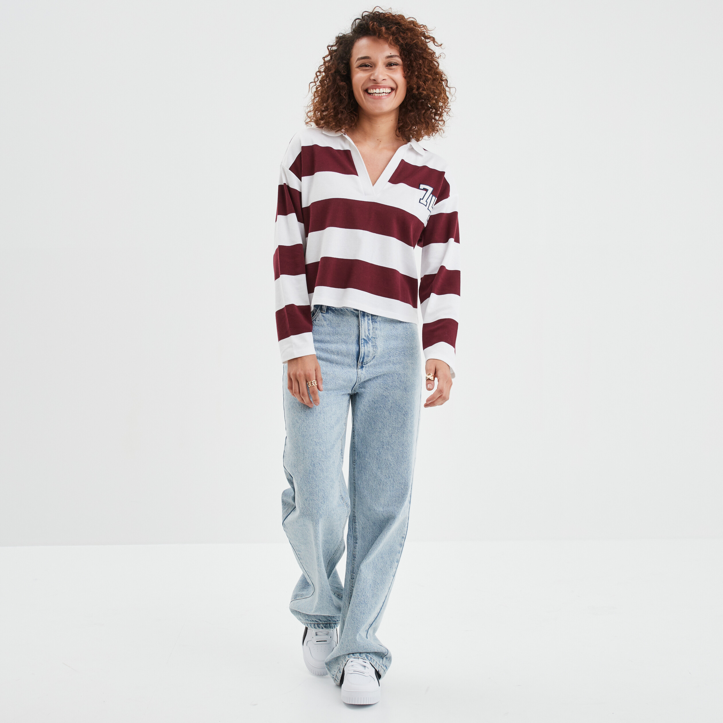T-shirt col en V manches longues Creeks bordeaux femme | La Halle