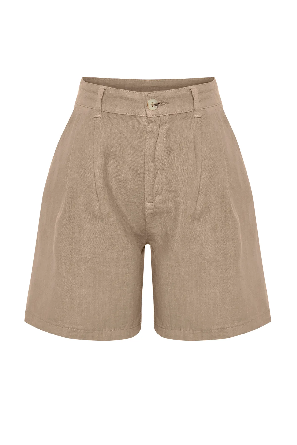 Trendyol Collection  Nerzfarbene, plissierte High-Waist-Shorts aus 100 % Leinen