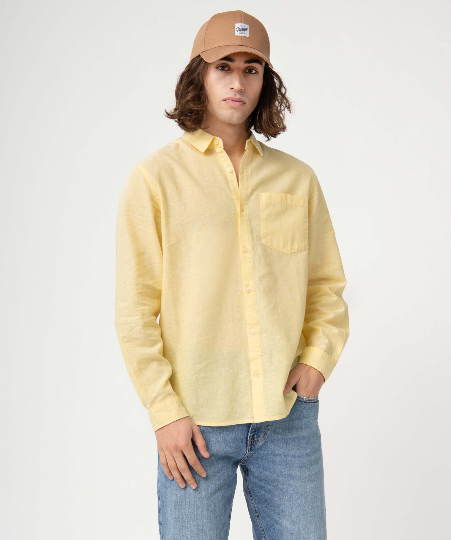 Chemise homme à manches longues en lin mélangé jaune | GEMO