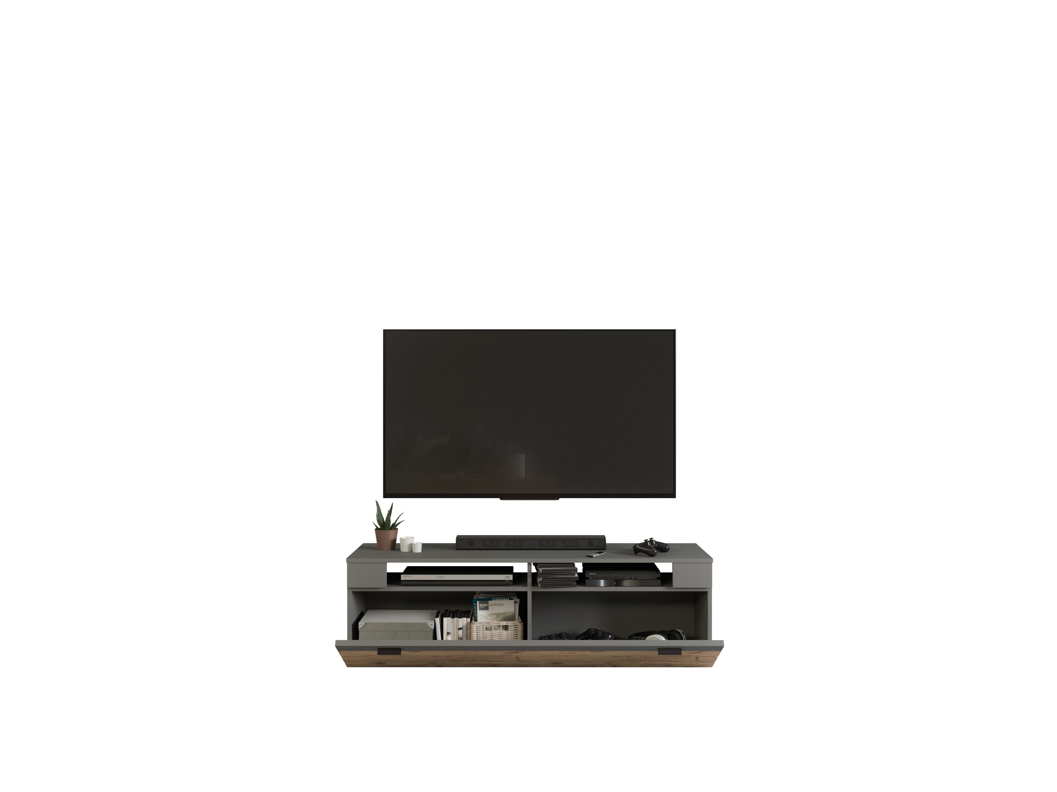 the kuup TV-Rack TV Lowboard Flach I Korpus & Fronten Matt Grau I Rahmen Nox Oak Eiche, Modell TK4