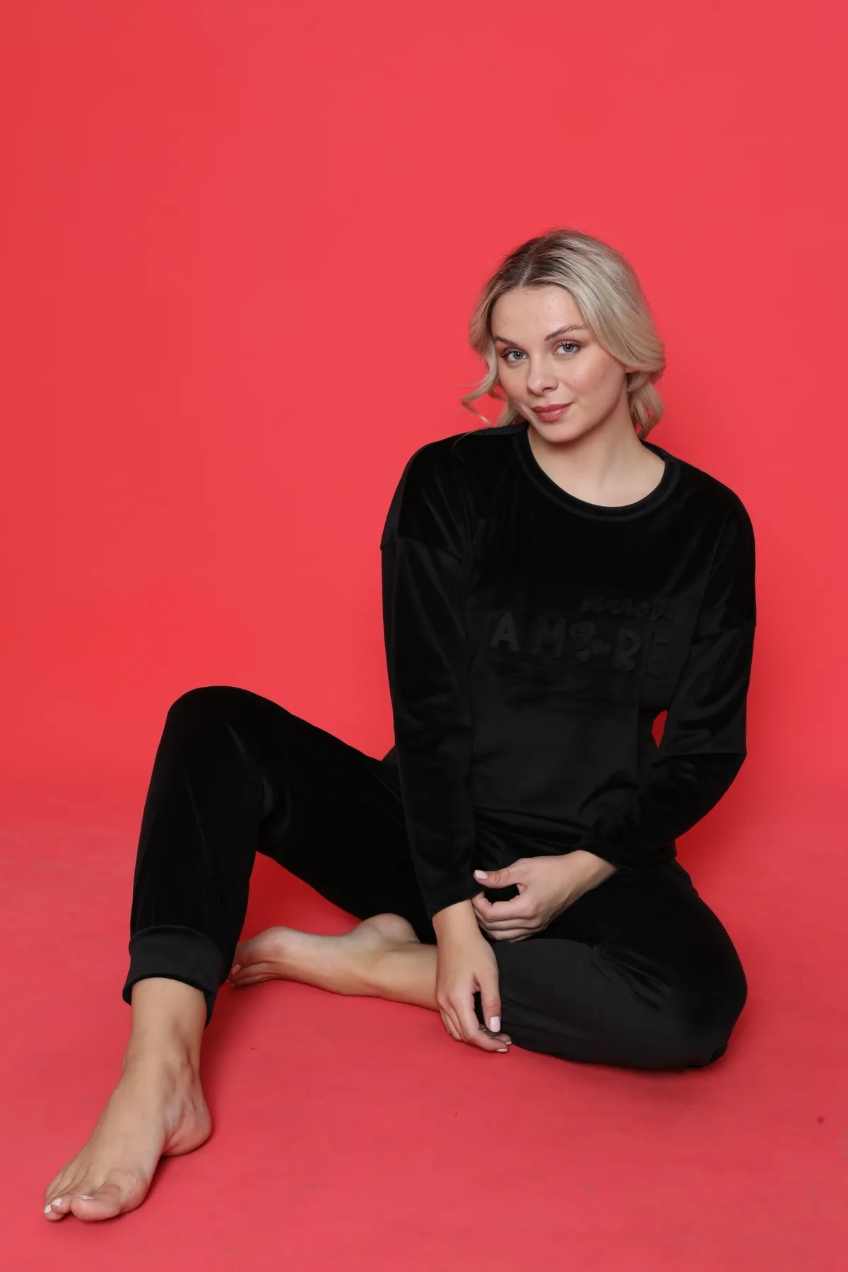 AHENGİM  Pyjama-Set für Jugendliche, französischer Samt, Amore, bedruckt, mit Spatenmanschette, Winter, saisonal, W20432250